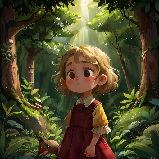 a little girl in a red dress standing in a forest with a light shining through the trees and leaves
