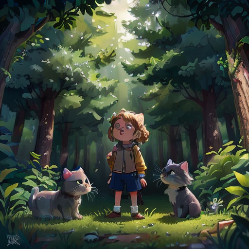 a girl standing in the woods with two cats and a cat behind her, with a forest background and a forest scene