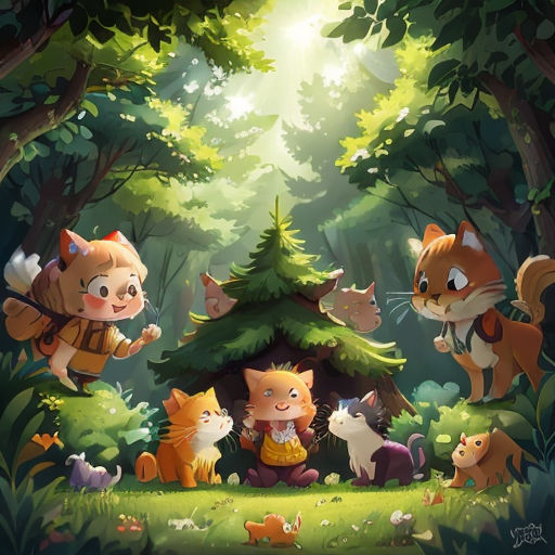 a group of cats in a forest with a small hut in the middle of the woods with a cat on the roof