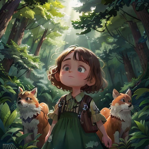 a girl in a forest with two foxes and a bird on her shoulder, looking up at the sky