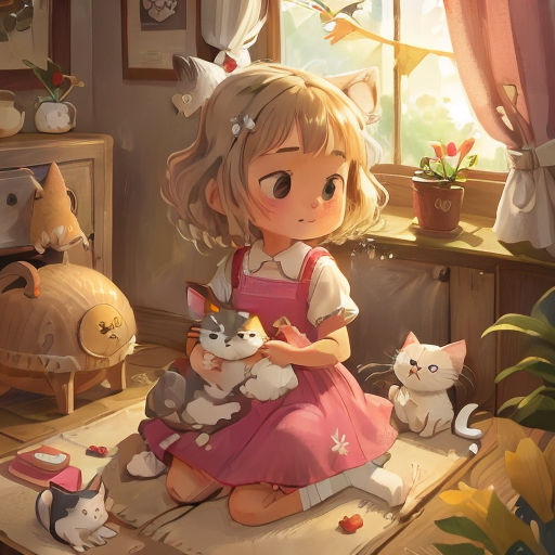 a little girl sitting on a rug with cats and kittens in a room with a window and a cat toy