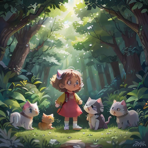 a girl standing in the middle of a forest with cats around her and a forest background with trees and bushes