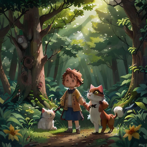 a girl and two cats in a forest with sunlight coming through the trees and a forest background with flowers