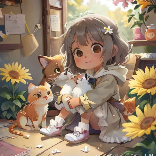 a girl sitting on a table with a cat and a cat sitting on her lap next to her, with sunflowers in the background
