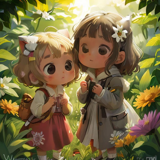 two little girls standing in the grass with flowers on their heads and one girl holding a purse and looking at the camera
