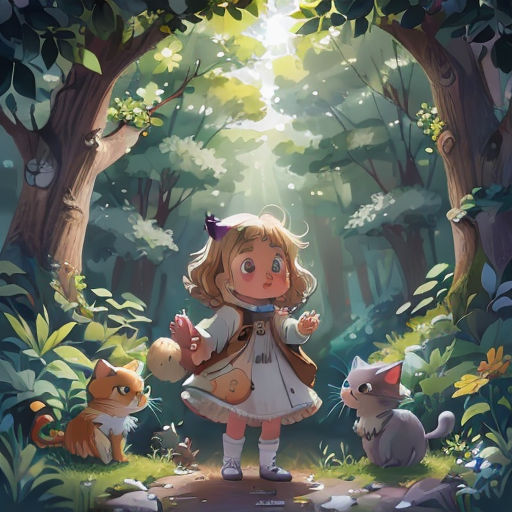 a little girl standing in the middle of a forest surrounded by animals and a cat on a path to a forest