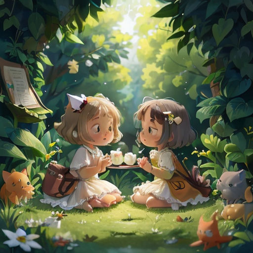 two little girls sitting in the grass with a book and a cup of tea in their hands and a book in their hand