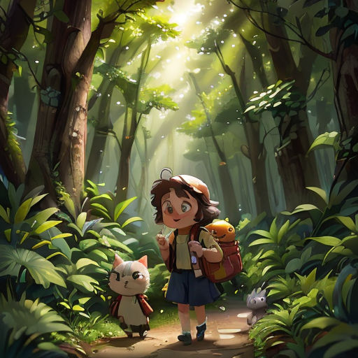 a girl with a backpack and a cat in a forest with sunlight streaming through the trees and leaves on the ground