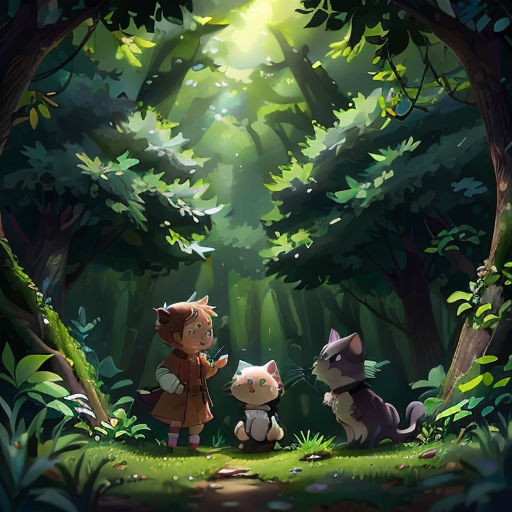 a girl and two cats in a forest with a light shining through the trees and a forest background with a path