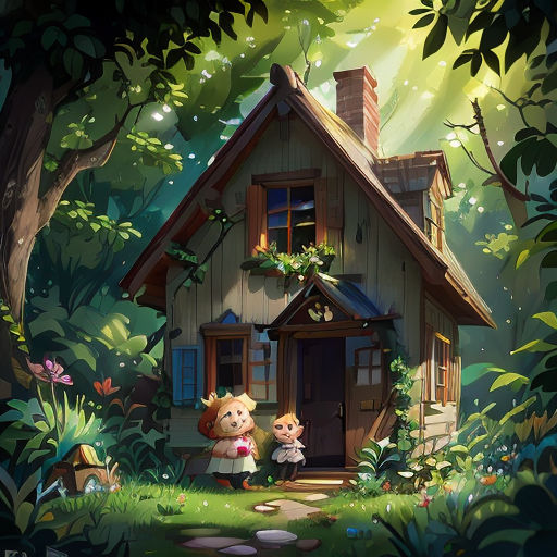 a house with a little girl and a teddy bear in front of it in the woods with a light shining on the window