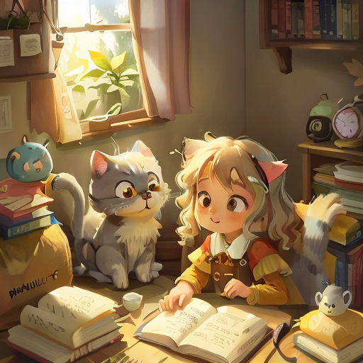a little girl sitting at a table with a cat and a book in front of her and a cat looking at the book