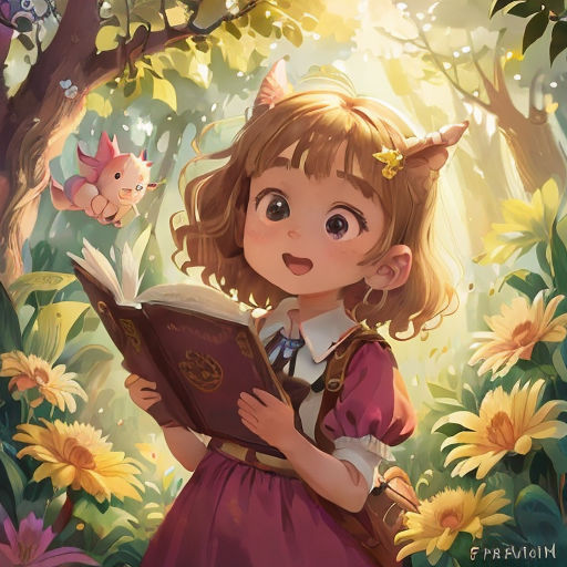 a girl reading a book in a forest with sunflowers and a cat on her head and a cat on her shoulder
