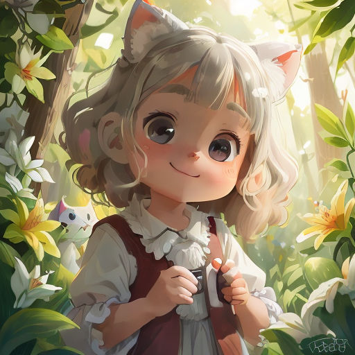 a little girl with a cat ears and a dress on standing in a forest with flowers and a cat