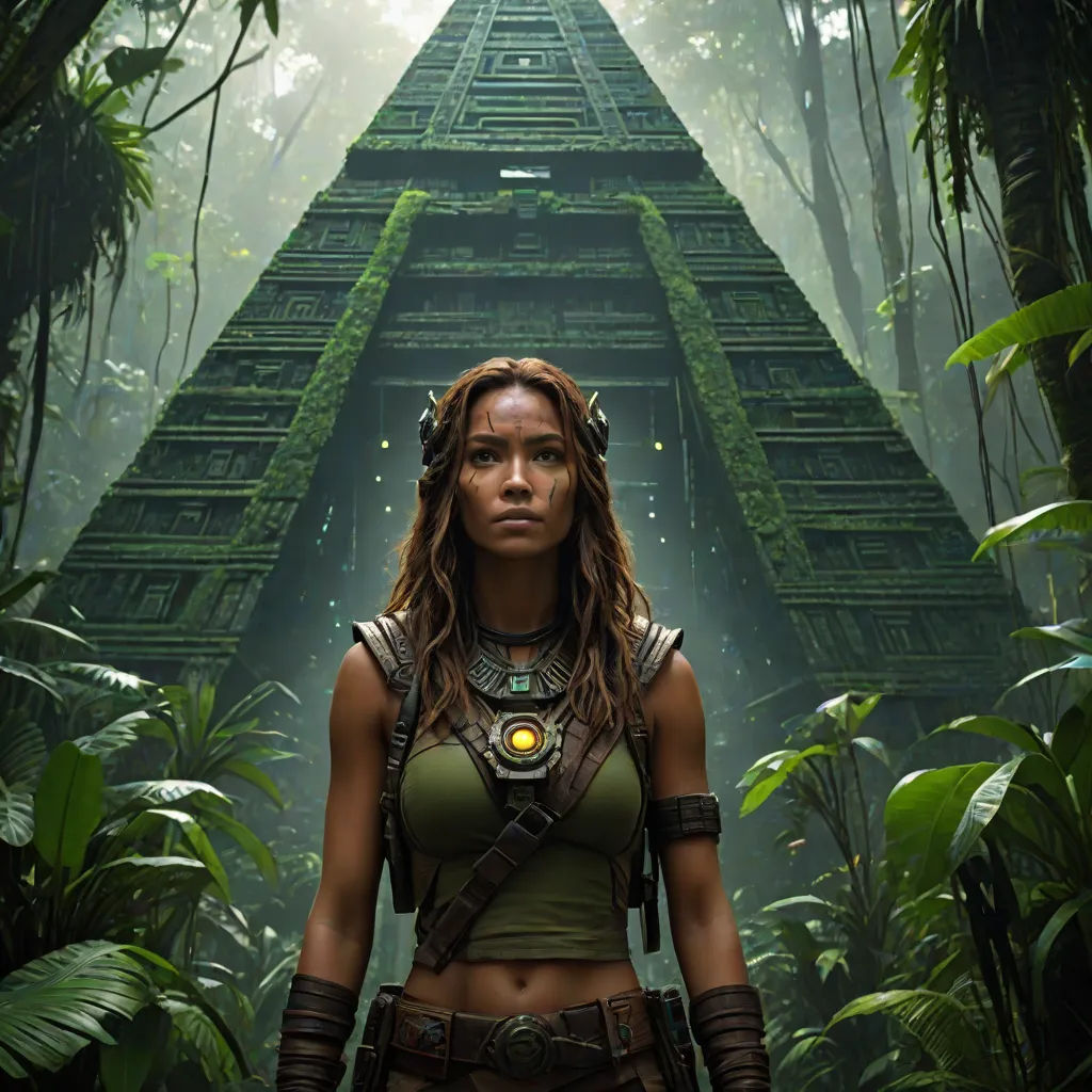 a woman in a jungle with a pyramid in the background and a light in her hand, standing in front of a jungle, afrofuturism, poster art, Aleksi Briclot, promotional image