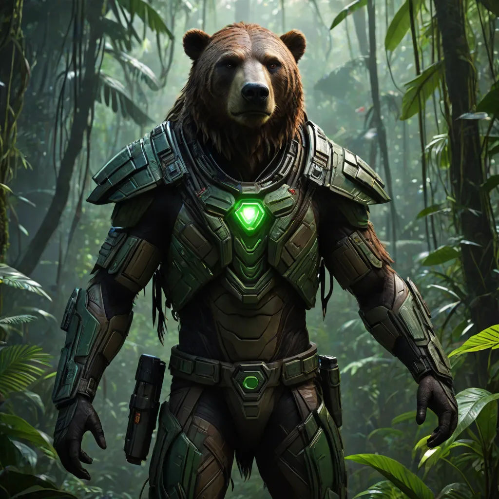 a bear in a jungle with a green light in its chest and a green light in his chest,, furry art, concept art, Aleksi Briclot, unreal 5