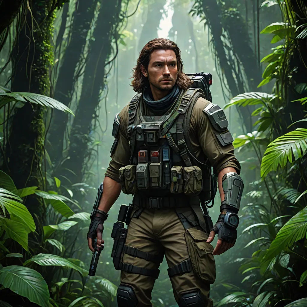a man in a jungle with a gun in his hand and a rifle in his hand, standing in the middle of a jungle, photorealism, concept art, Aleksi Briclot, key art