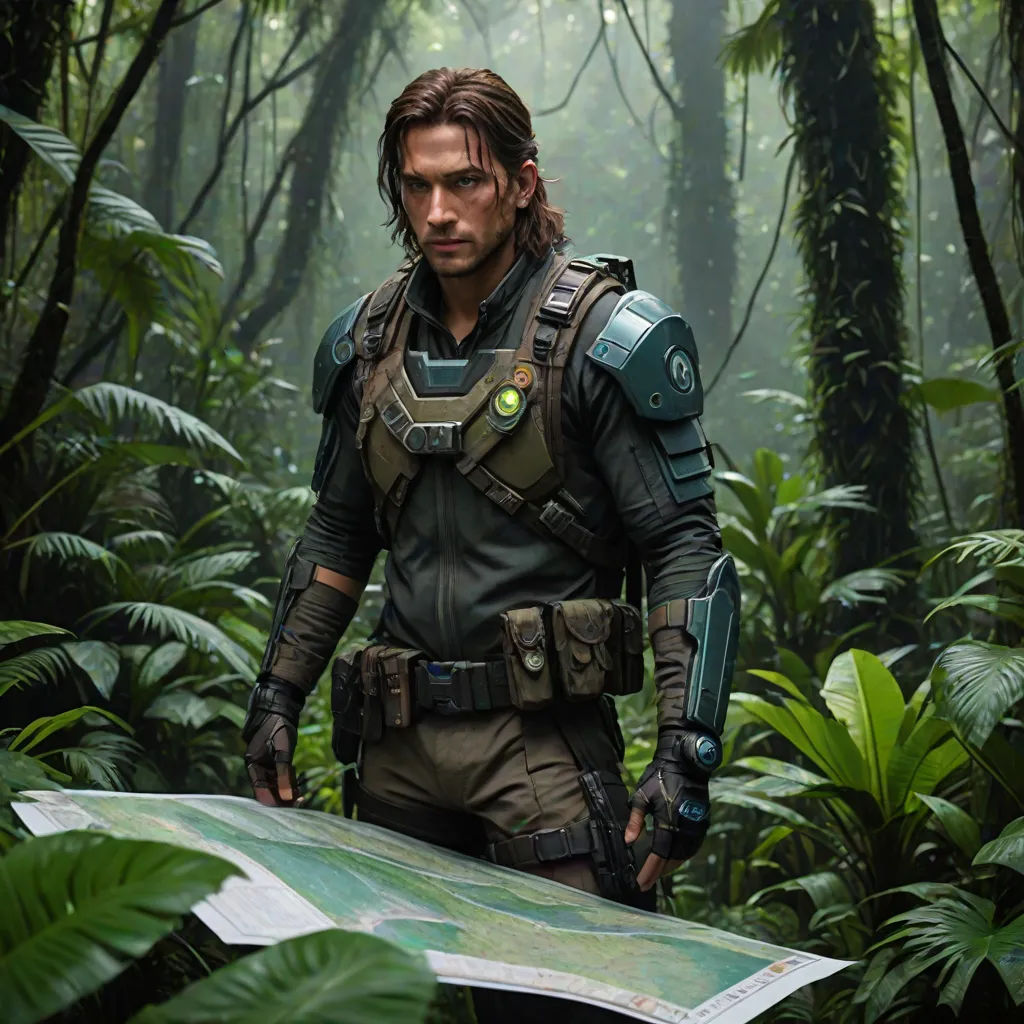 a man in a jungle with a map in his hand and a helmet on his head, standing in the middle of a forest, antipodeans, a character portrait, Aleksi Briclot, promotional image