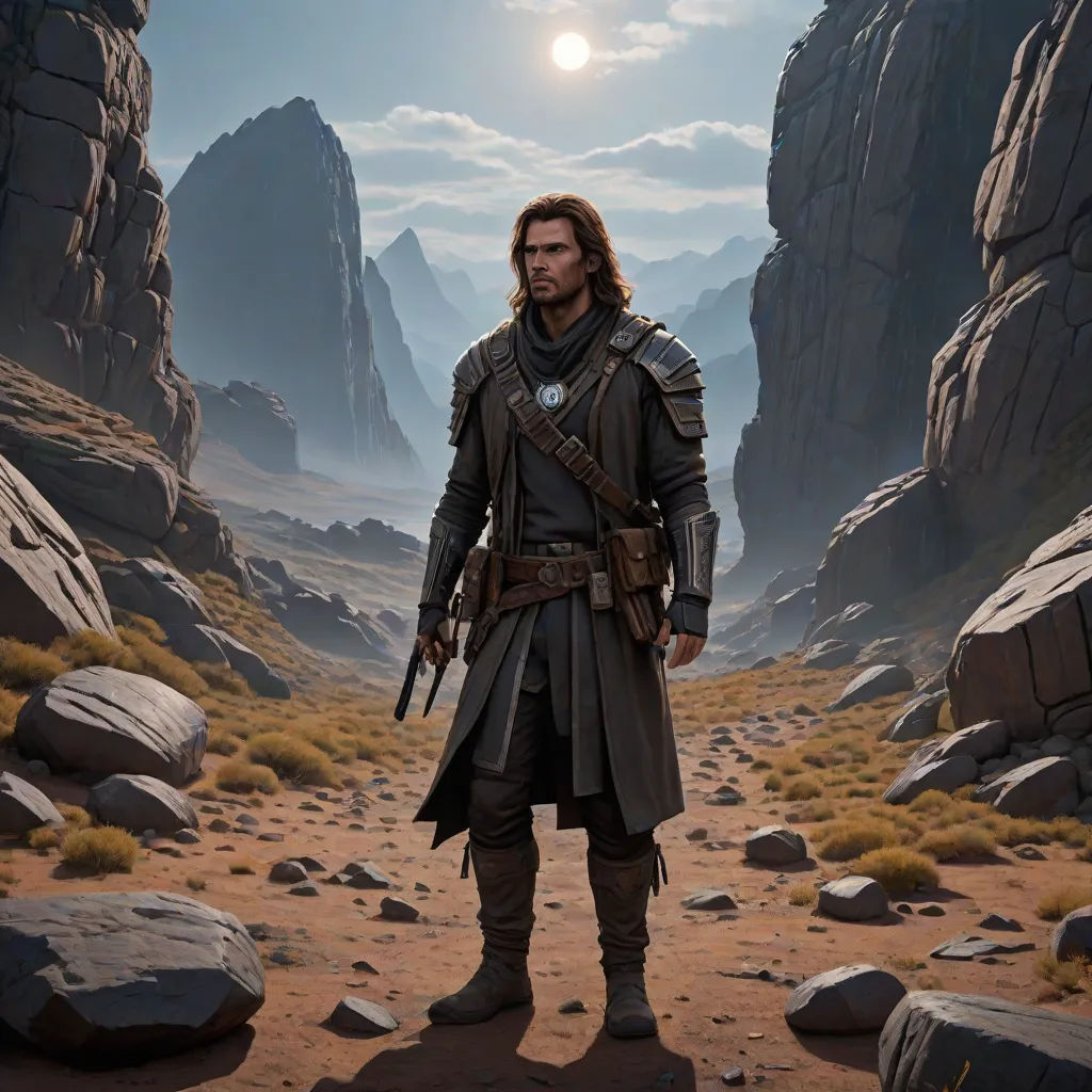 a man in a desert setting with a sword in his hand and a mountain in the background with rocks and grass, fantasy art, a detailed matte painting, Cedric Seaut (Keos Masons), unreal engine 5