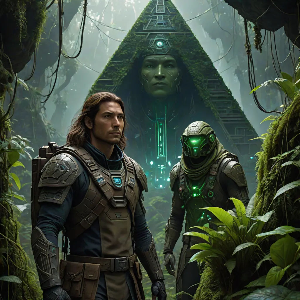 a man and a woman standing in a jungle with a pyramid in the background and a man in the foreground, neo-primitivism, poster art, Aleksi Briclot, key art