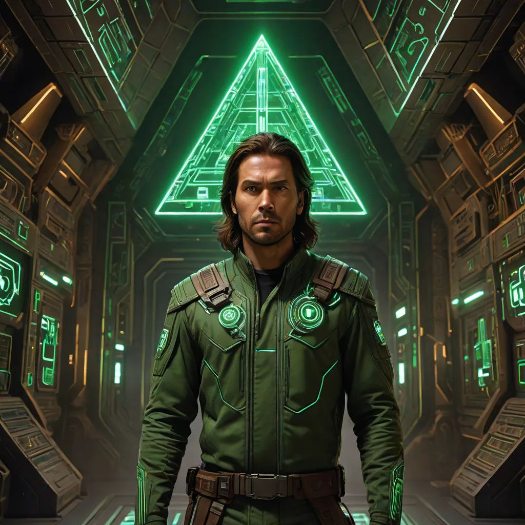 a man in a green suit standing in a futuristic space station with a pyramid shaped object in the background, holography, a character portrait, Aleksi Briclot, promotional image