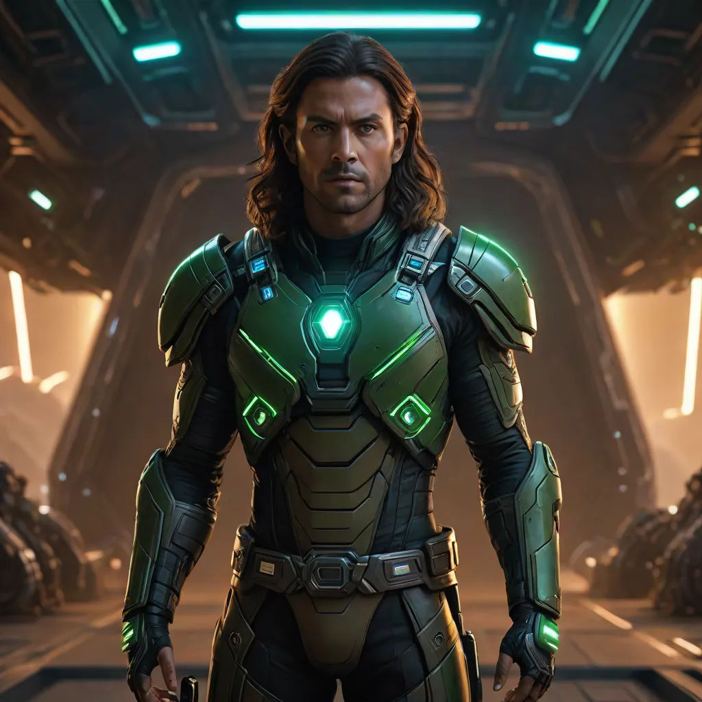 a man in a futuristic suit standing in a space station with green lights on his chest and arms crossed, antipodeans, computer graphics, Aleksi Briclot, unreal 5