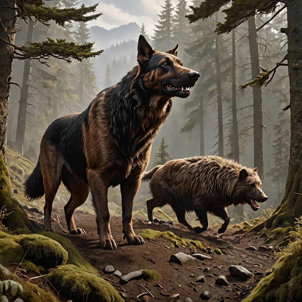 two large brown dogs walking through a forest filled with trees and rocks, with a mountain in the background, Brothers Hildebrandt, furry art, concept art, key art