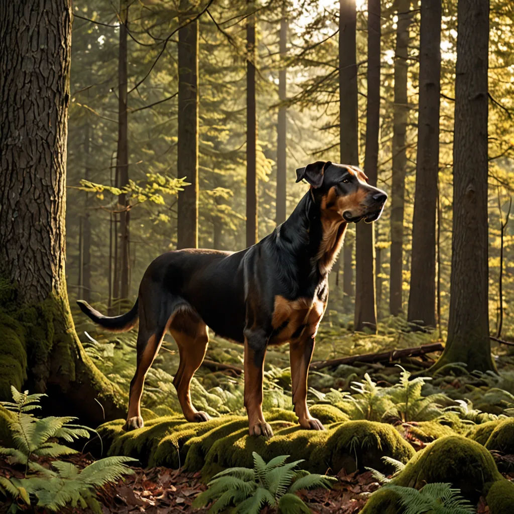 a dog standing in the middle of a forest with moss growing on the ground and trees in the background, Elke Vogelsang, magic realism, a stock photo, animal photography