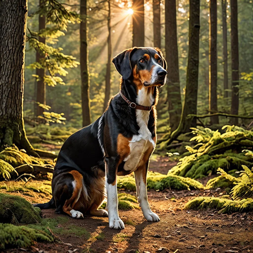 a dog sitting in the woods with the sun shining through the trees behind him and the dog is looking up, Elke Vogelsang, environmental art, a stock photo, animal photography