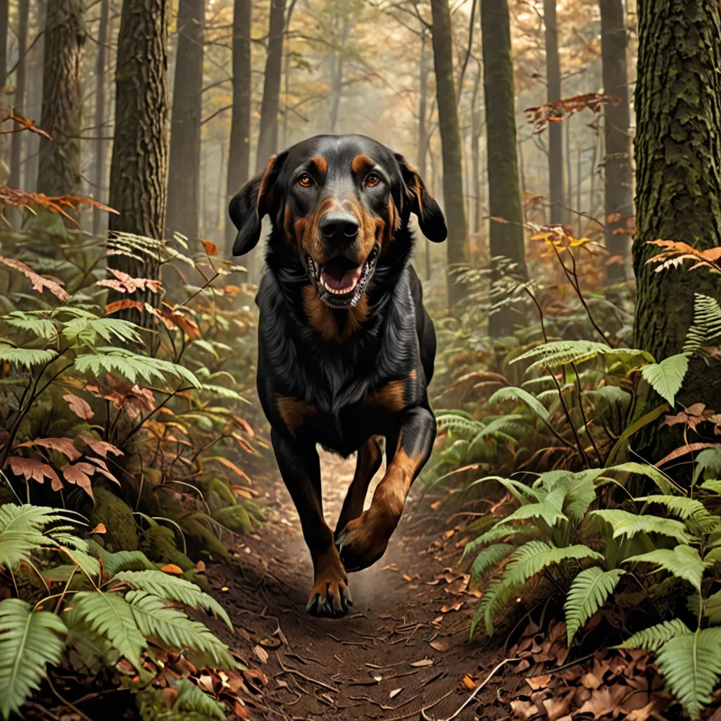 a dog running through a forest with lots of trees and ferns on the ground and a trail in the woods, Elke Vogelsang, photorealism, a photorealistic painting, animal photography