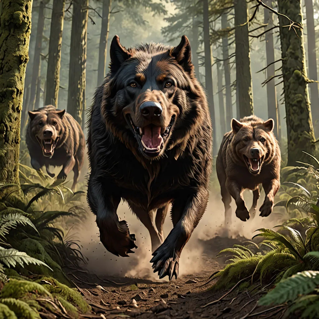 a group of bears running through a forest with trees and ferns on the ground and one bear is running towards the camera, Brothers Hildebrandt, furry art, concept art, key art