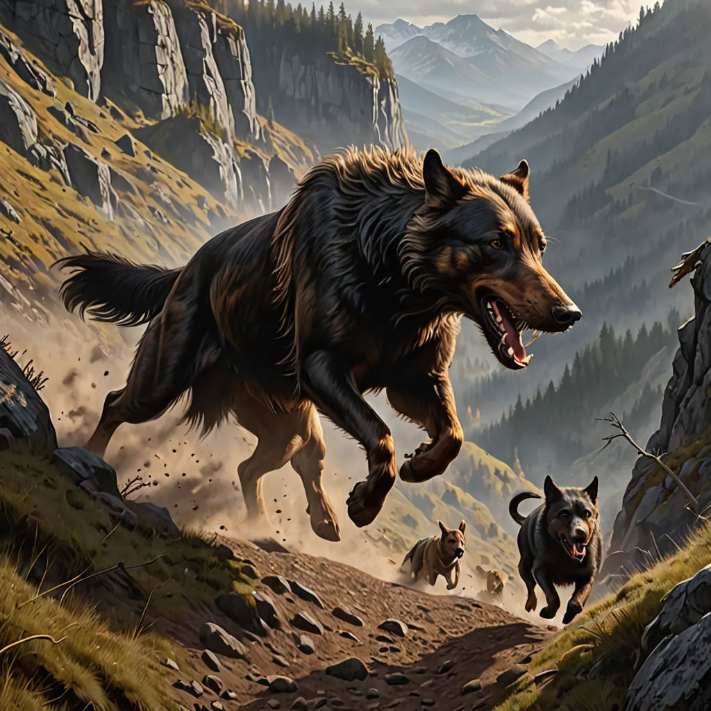 a painting of a group of wild dogs running down a mountain trail with a dog chasing a dog on the other side, Clint Cearley, fantasy art, a detailed matte painting, magic the gathering artwork