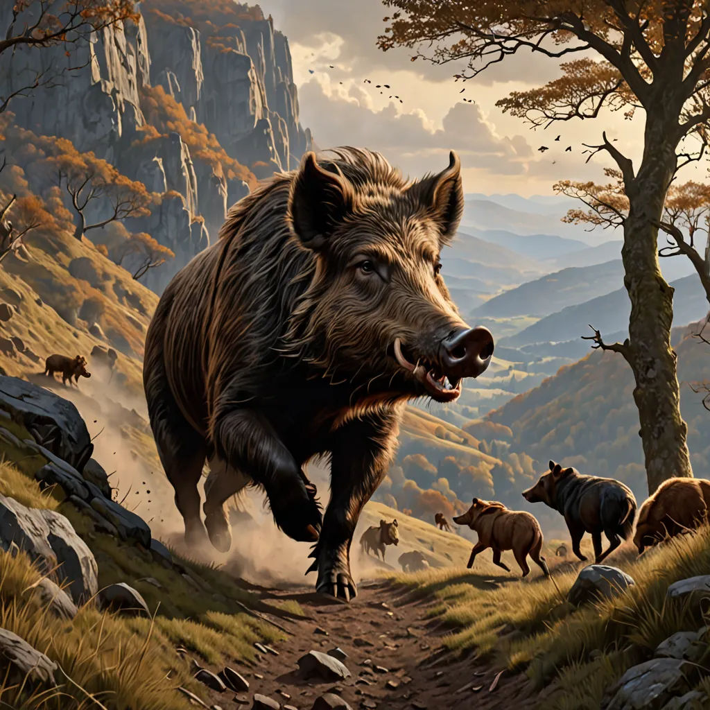 a painting of a boar running through a mountain landscape with other animals in the background and a mountain range in the background, Darek Zabrocki, fantasy art, a detailed matte painting, weta digital