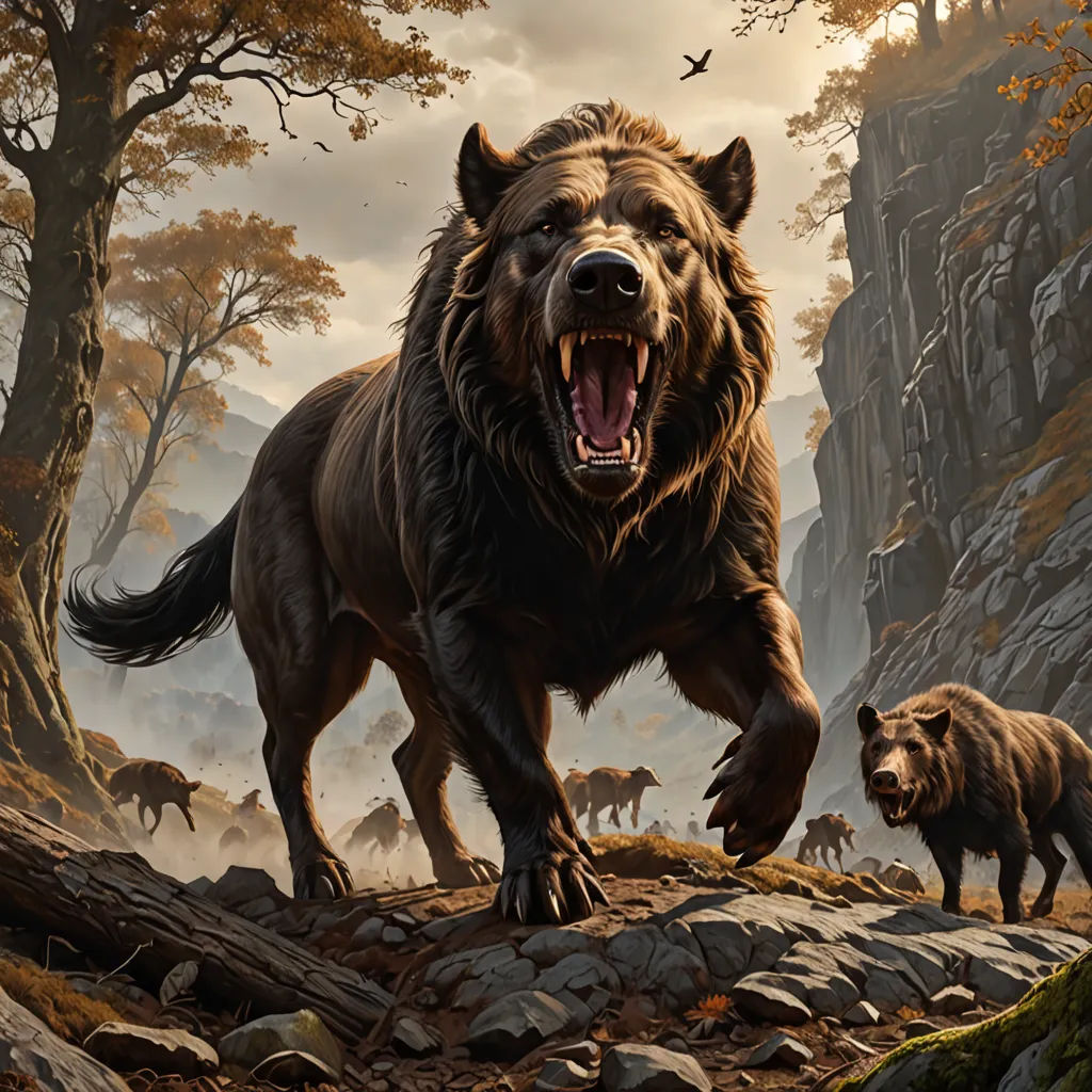 a painting of a bear and a bear cub on a rocky hillside with trees and rocks in the background, Christophe Vacher, furry art, a detailed matte painting, magic the gathering artwork