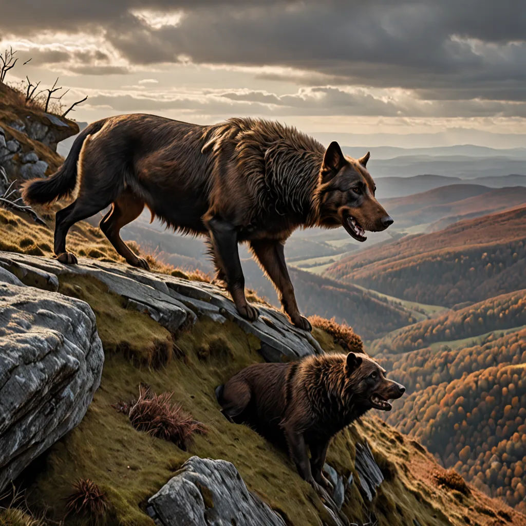 a wolf and a bear on a mountain side with a cloudy sky in the background and a mountain valley below, Art Brenner, art photography, a detailed matte painting, animal photography