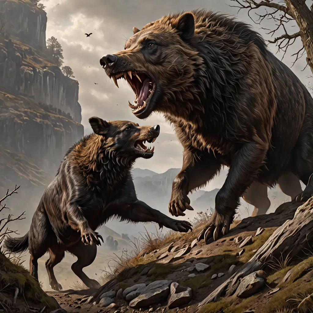 two bears fighting in a rocky area with a mountain in the background and a bird flying overhead in the sky, Chris Rahn, altermodern, concept art, magic the gathering artwork