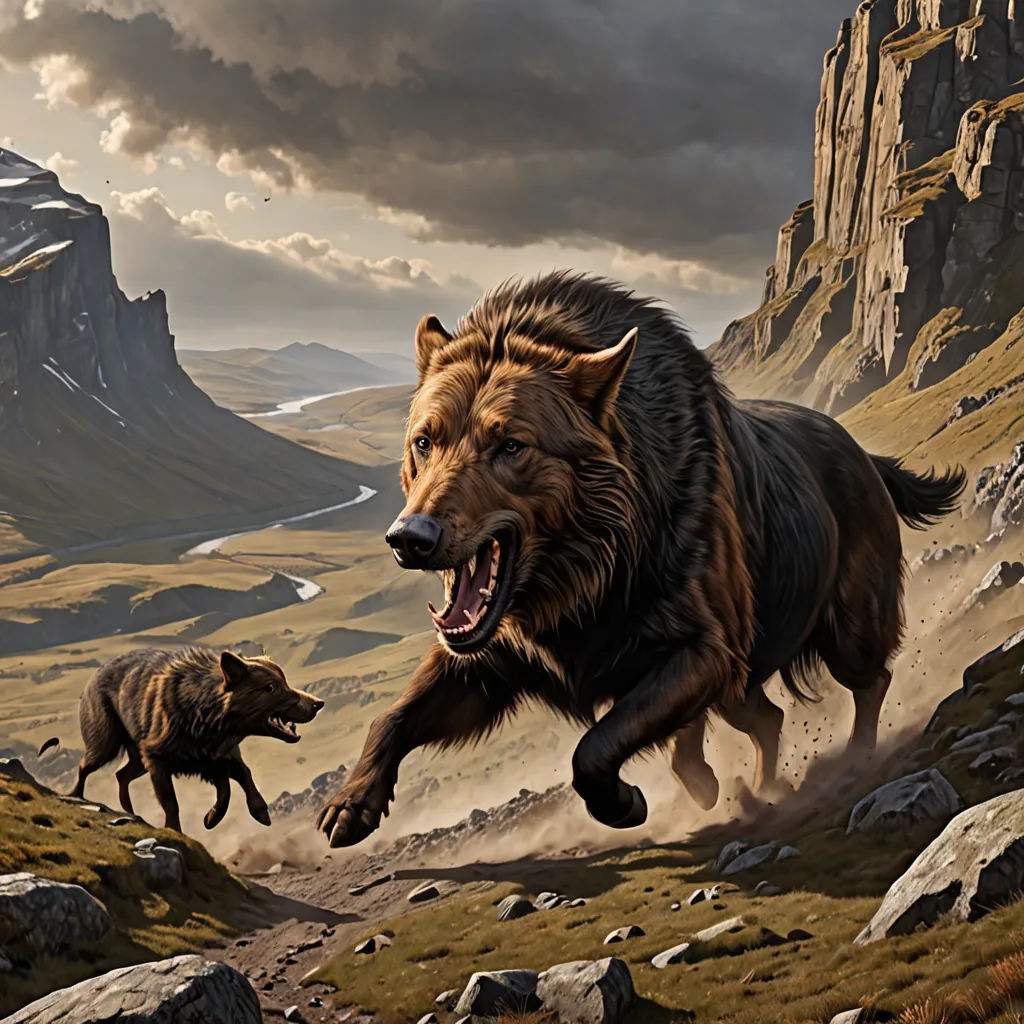 a painting of a bear chasing a bear on a mountain trail with another bear in the background and a mountain range in the background, Christophe Vacher, fantasy art, a detailed matte painting, magic the gathering artwork
