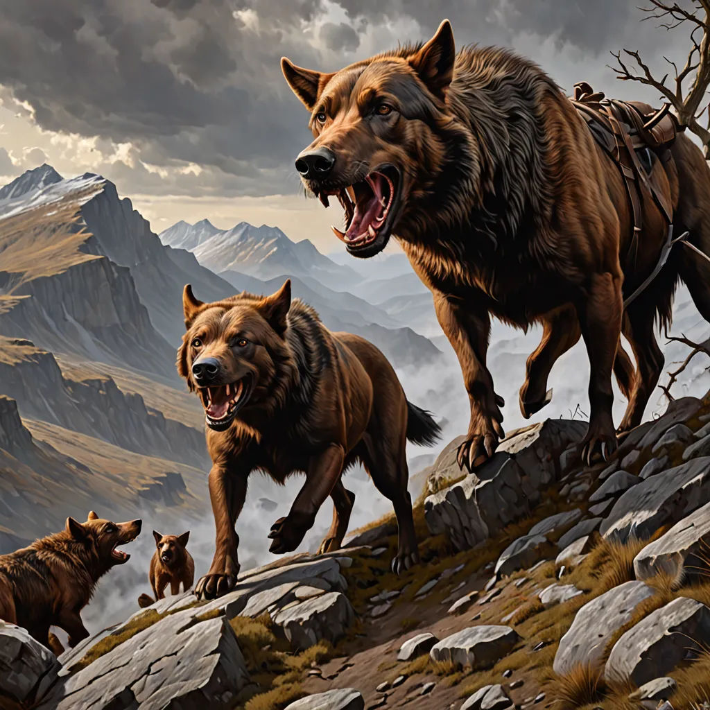 a painting of a group of wild animals on a rocky mountain side with a mountain range in the background, Christophe Vacher, fantasy art, a detailed matte painting, magic the gathering artwork