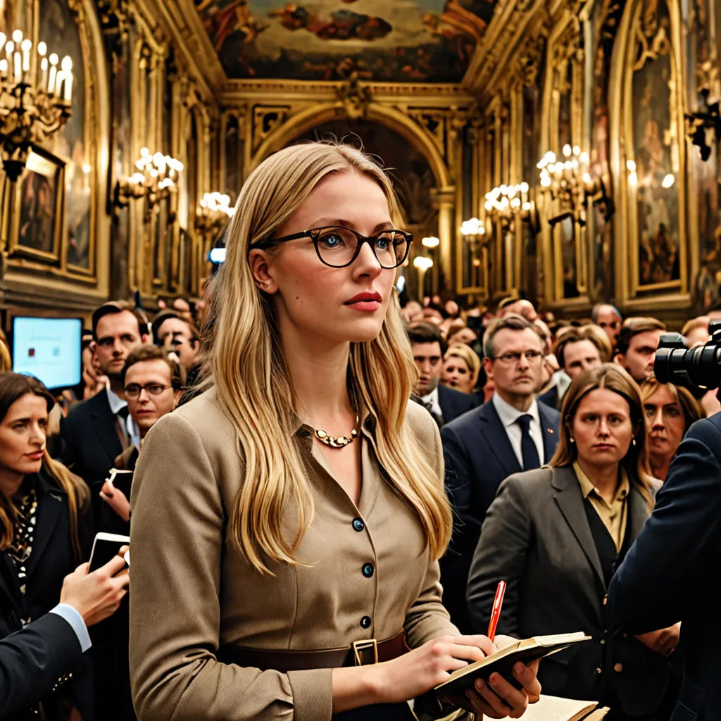 a woman in a suit and glasses standing in front of a crowd of people in a room with gold walls, renaissance, a renaissance painting, Anna Maria Barbara Abesch, promotional image