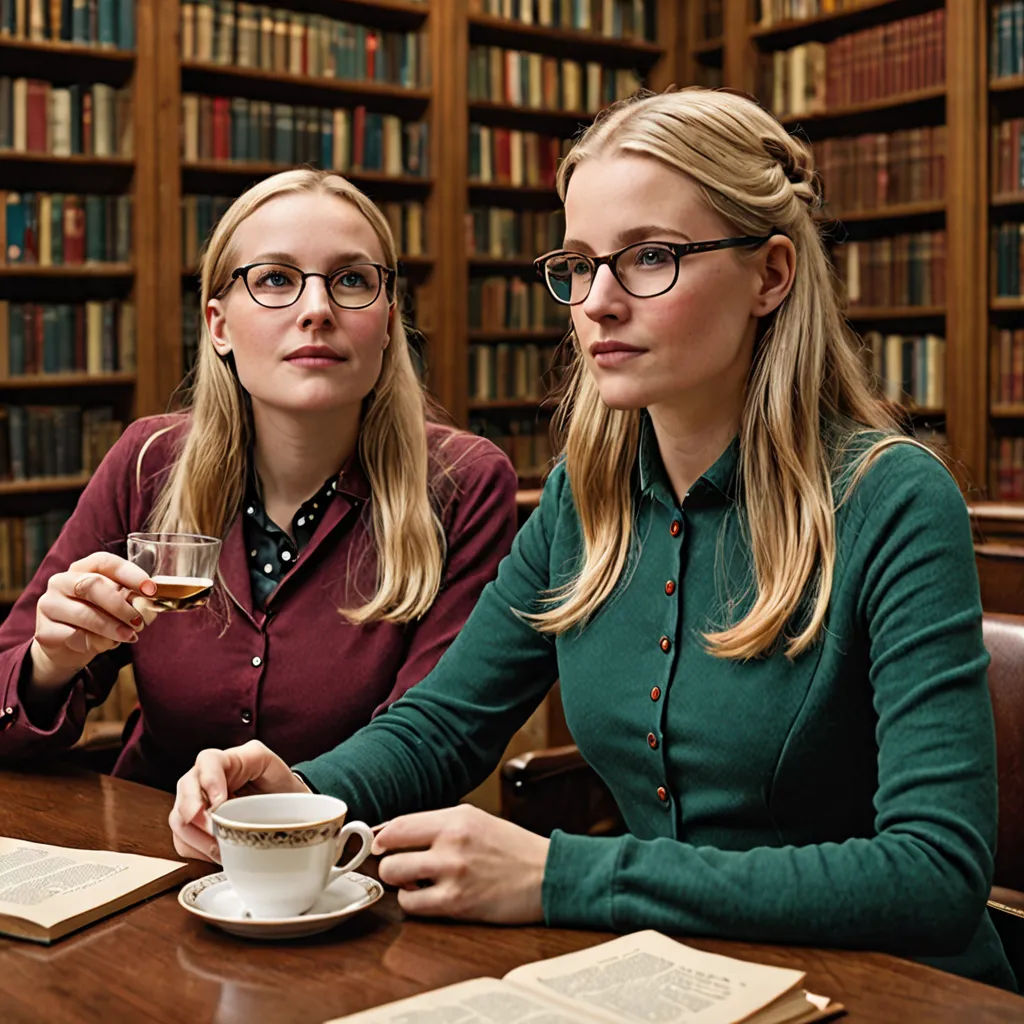 two women sitting at a table with a cup of coffee and books in the background, one of them holding a glass of wine, academic art, a character portrait, Christian Hilfgott Brand, promotional image