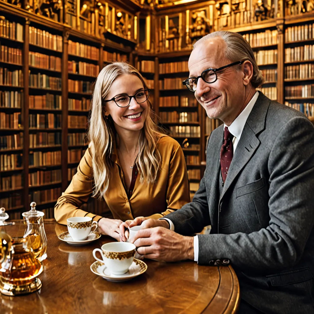 a man and a woman sitting at a table in a library with a tea cup in front of them, heidelberg school, a stock photo, Christian Hilfgott Brand, portrait photography