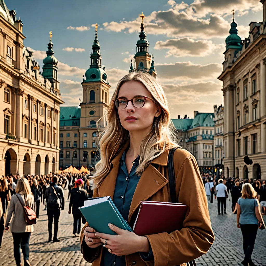 a woman in a brown coat and glasses holding a book and a folder in her hands while standing in front of a building, academic art, a stock photo, Caroline Mytinger, promotional image