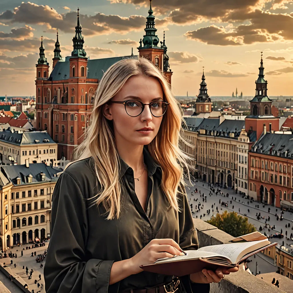 a woman standing on a balcony reading a book in front of a cityscape with a sunset in the background, art & language, a detailed matte painting, Artur Tarnowski, city background