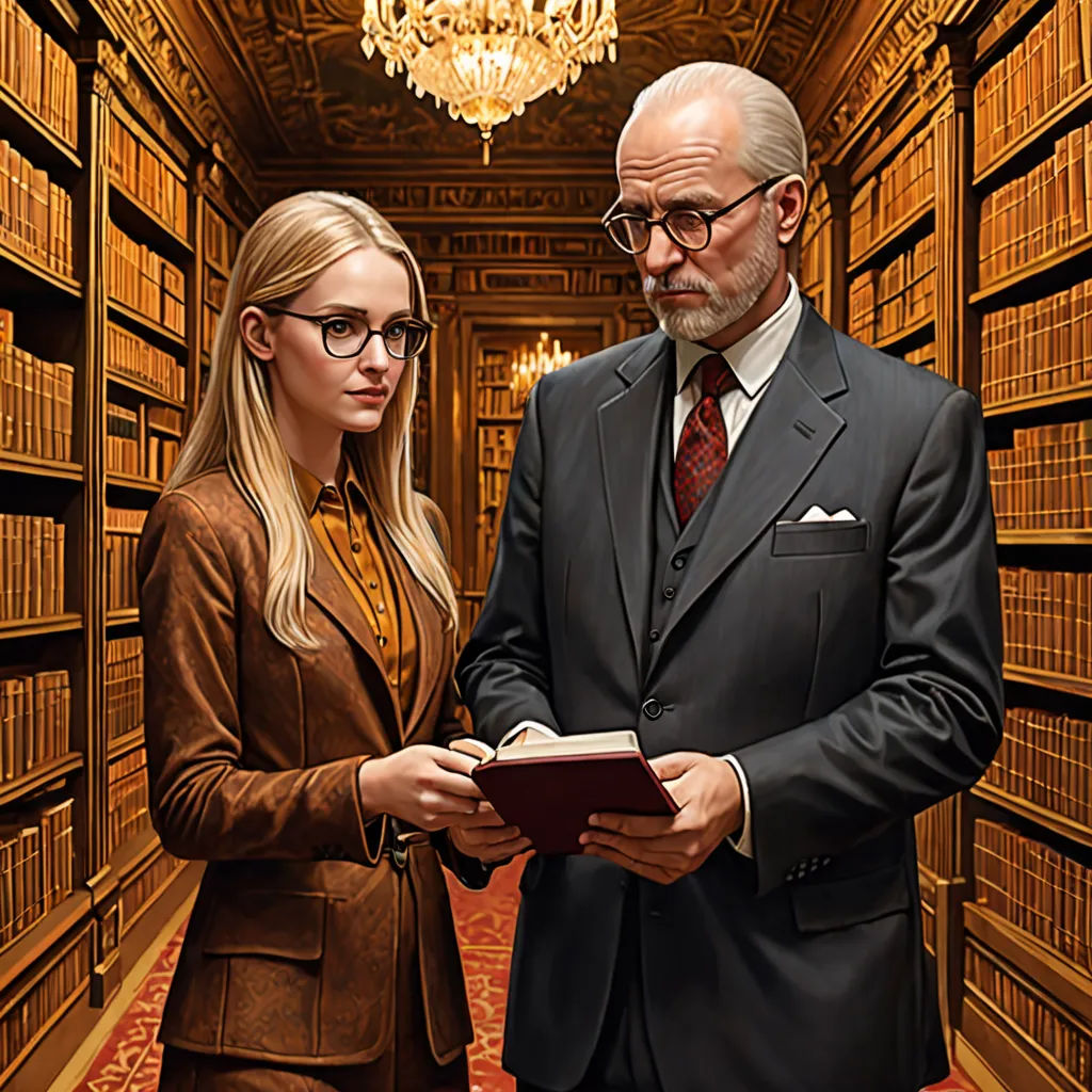 a man and a woman standing in a library looking at a book together, with a chandelier hanging from the ceiling, academic art, a hyperrealistic painting, Dino Valls, official art
