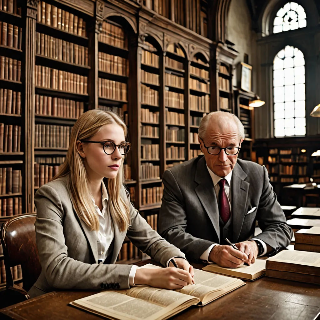 a man and a woman sitting at a table in a library with books on the shelves and a lamp on the side, academic art, a stock photo, Christian Hilfgott Brand, movie still