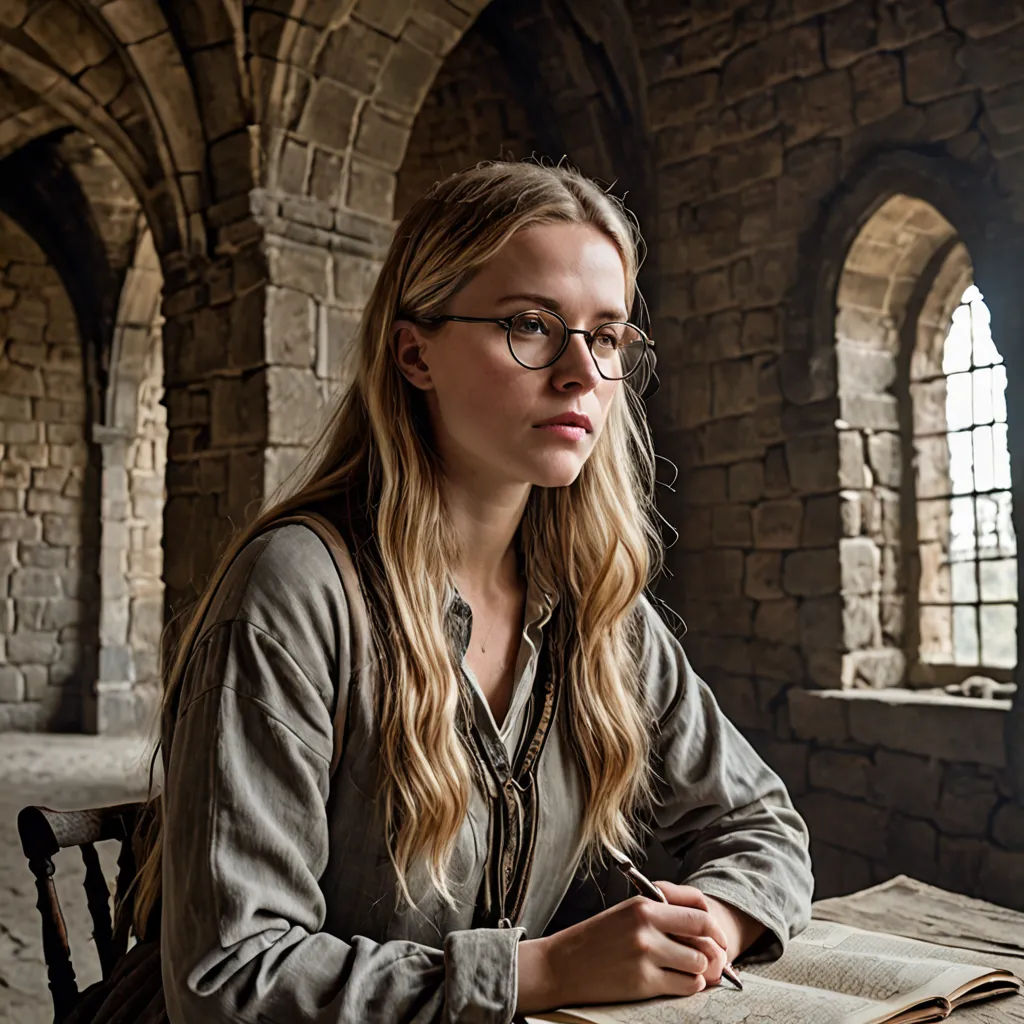 a woman sitting at a table with a book and pen in her hand and looking off to the side, academic art, a character portrait, Christabel Dennison, promotional image