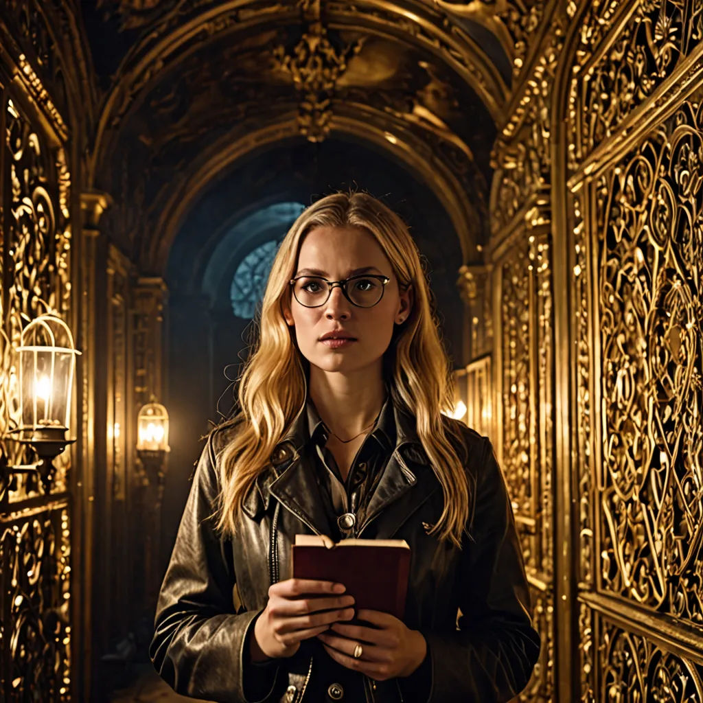a woman in a black jacket and glasses holding a book in a gold room with ornate gold walls and a lantern, symbolism, a character portrait, Anna Maria Barbara Abesch, promotional image