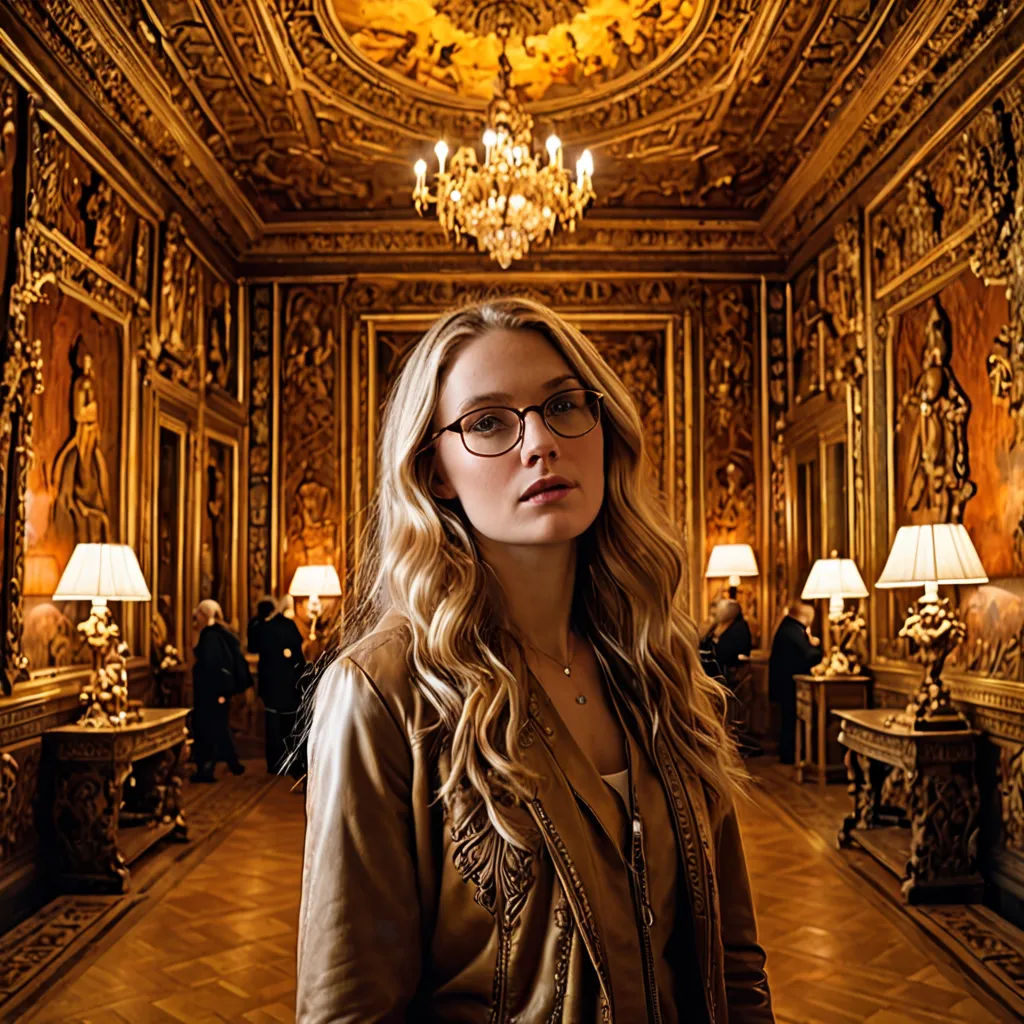 a woman standing in a room with a chandelier and a chandelier hanging from the ceiling, neoclassicism, a flemish Baroque, Claire Falkenstein, promotional image