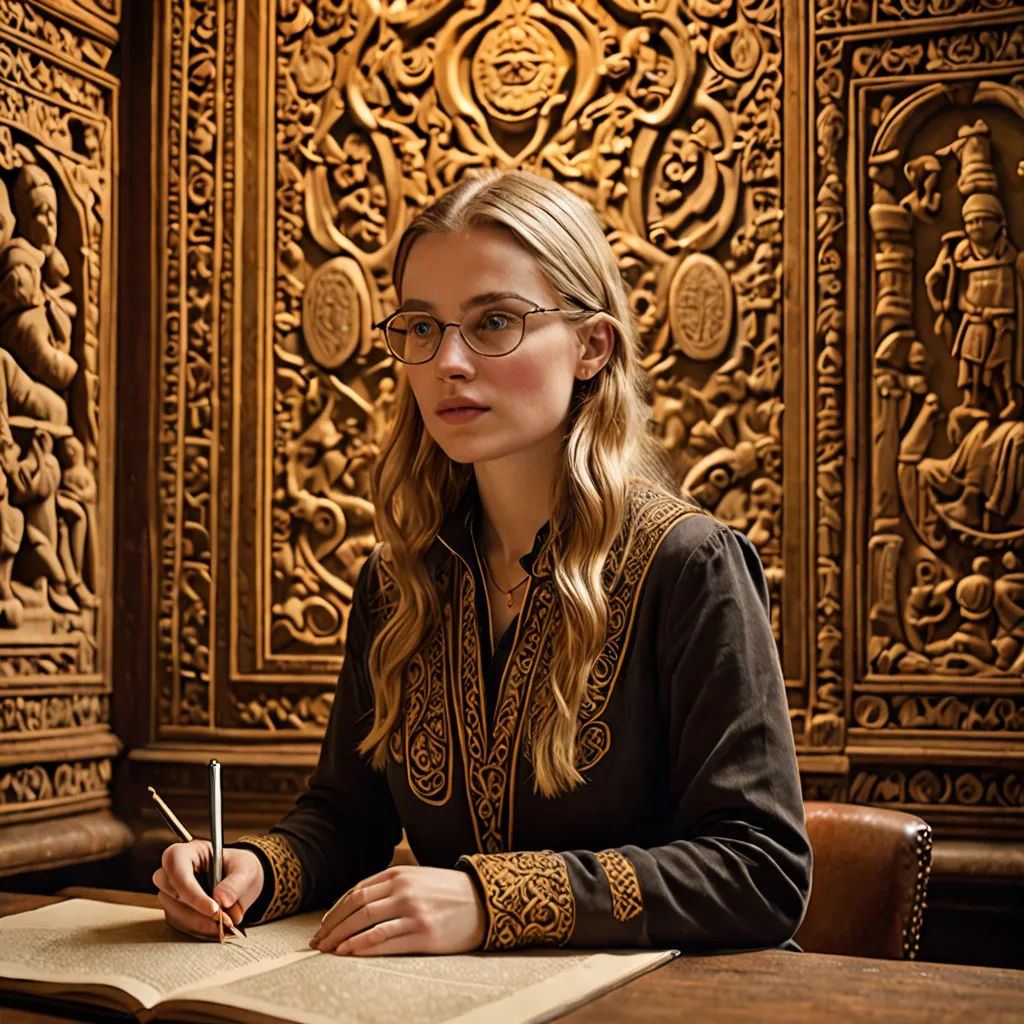 a woman sitting at a desk writing in a book with a pen in her hand and a book in front of her, cloisonnism, a character portrait, Art & Language, movie still