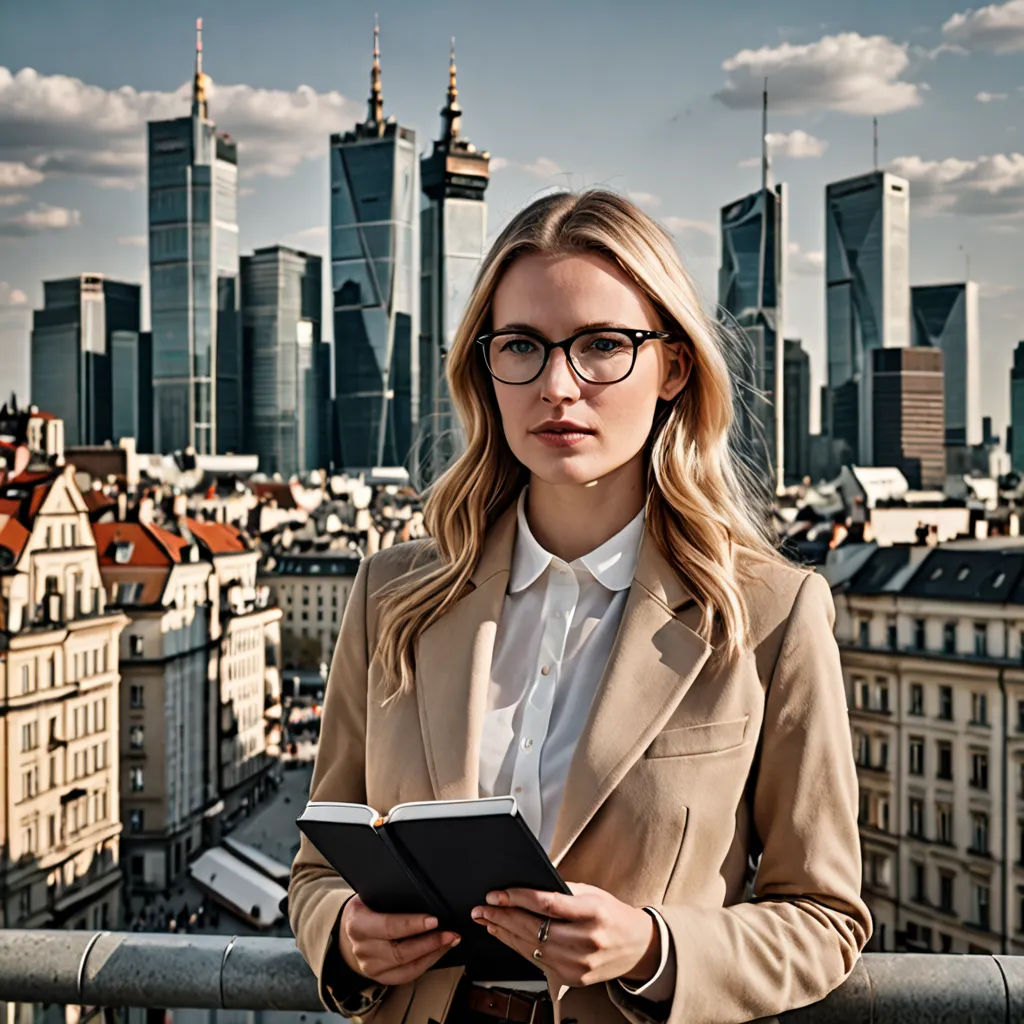 a woman in a suit and glasses holding a book in her hands in front of a cityscape, neoism, a stock photo, Christian Hilfgott Brand, city background