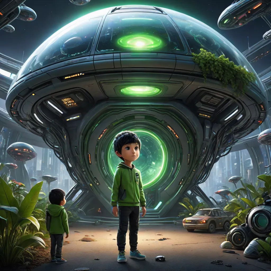a boy and a girl standing in front of a spaceship in a futuristic city with green lights and a green light, a computer rendering, Alejandro Burdisio, retrofuturism, promotional image